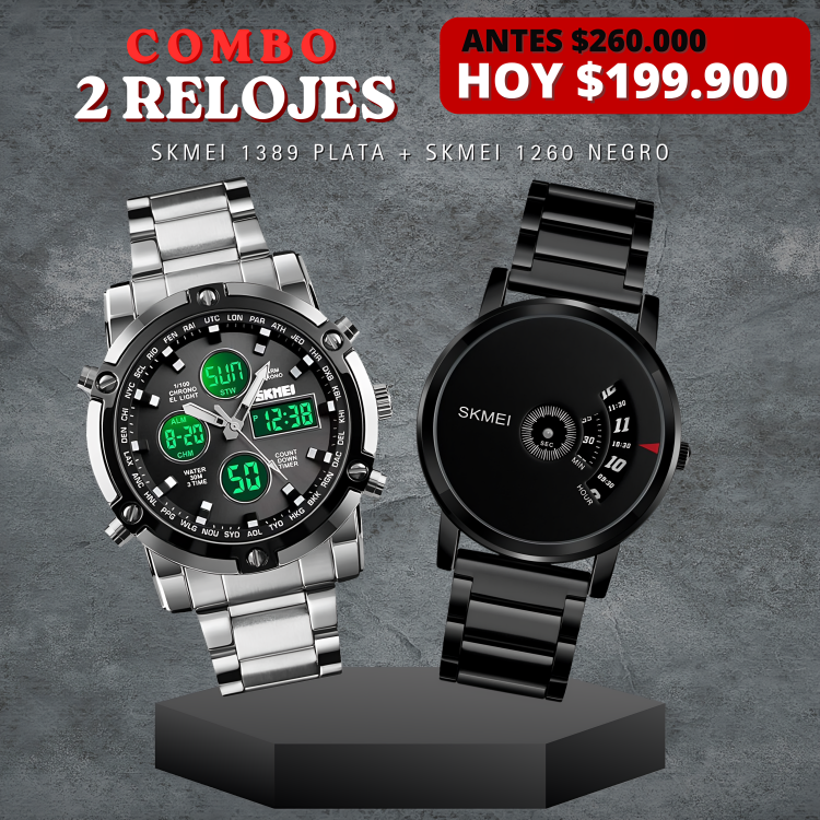 COMBO SKMEI 1389 PLATA + SKMEI 1260 NEGRO