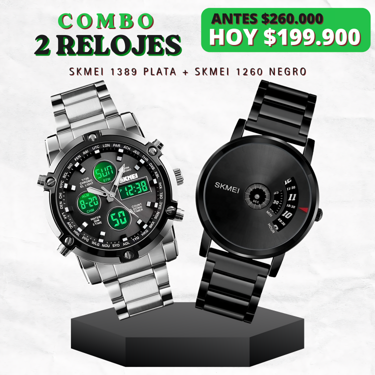COMBO SKMEI 1389 PLATA + SKMEI 1260 NEGRO